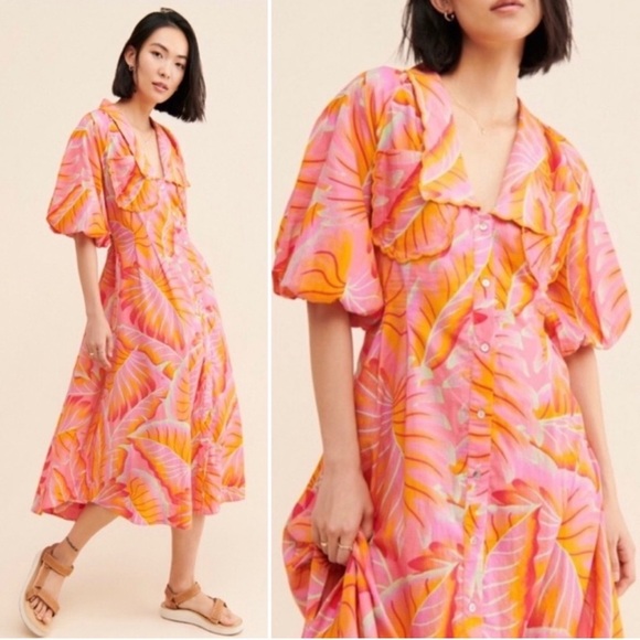 FARM Rio Dresses & Skirts - Farm Rio Bright Forest Pink Collared Button Down Puff Sleeve Preppy Midi Dress